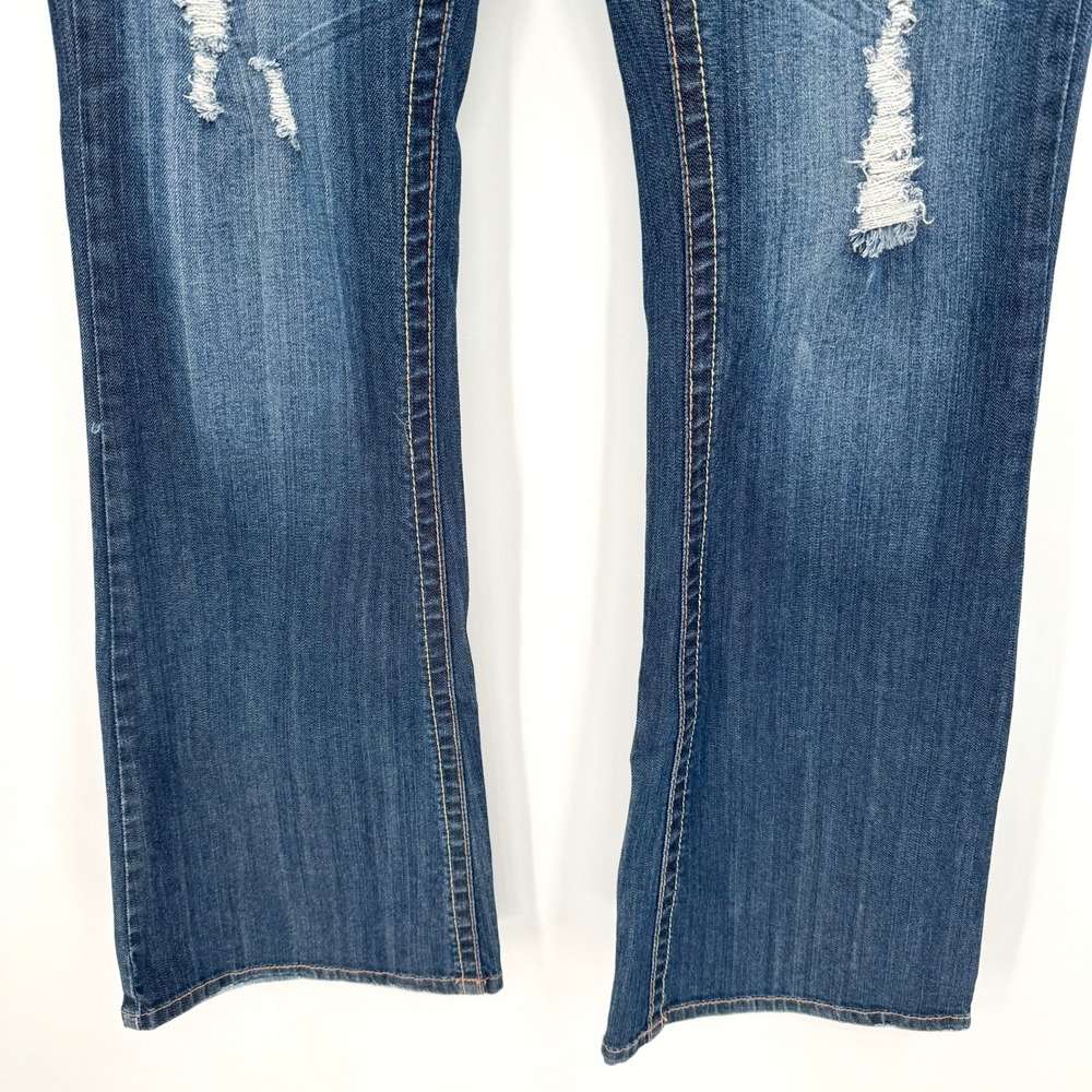 Y2K Amethyst Dark Wash Distressed Embroidered Flap Pocket Bootcut Jeans Womens - Picture 4 of 12